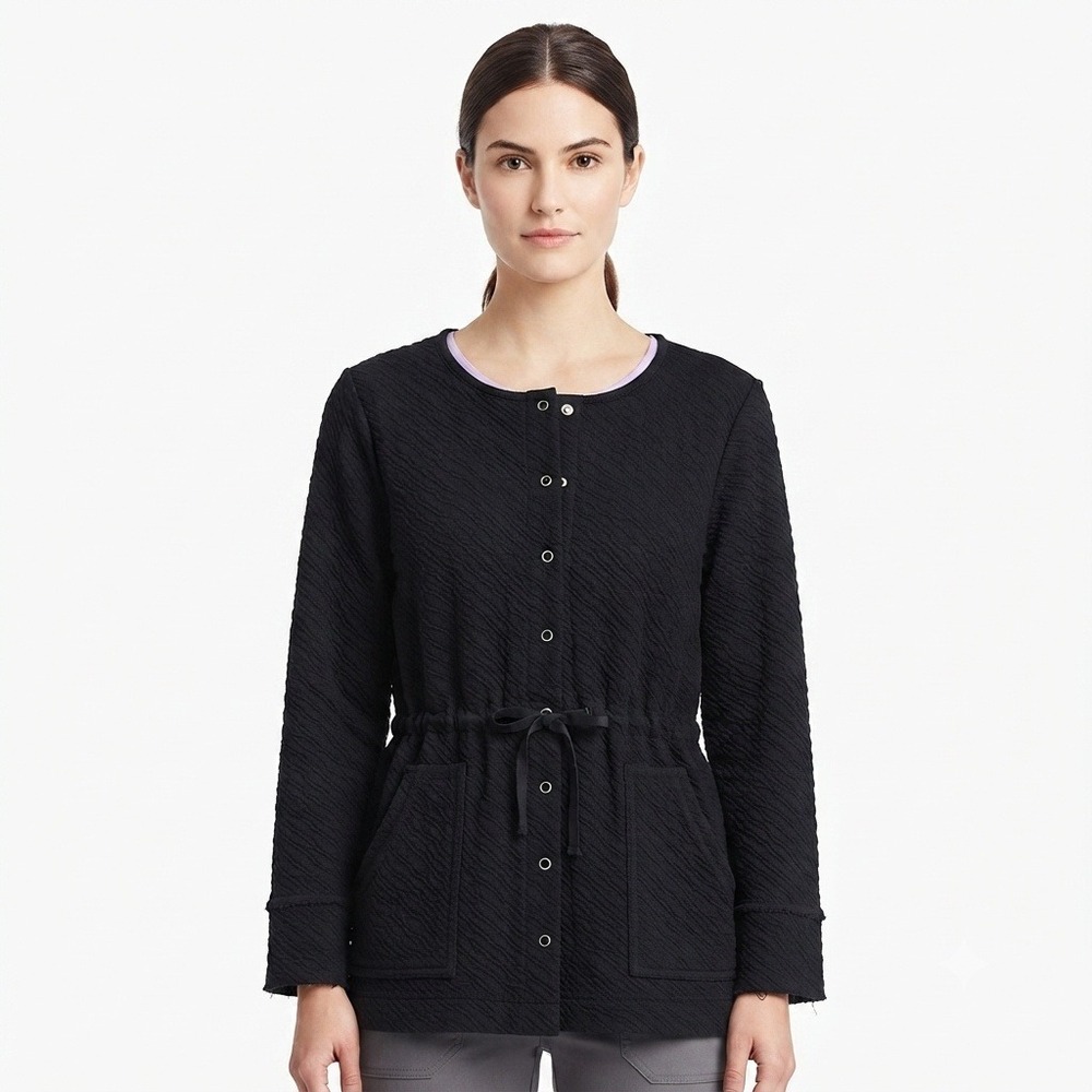 J. Jill Pure Jacket Womans Medium Black Textured Snap Front Drawstring Waist